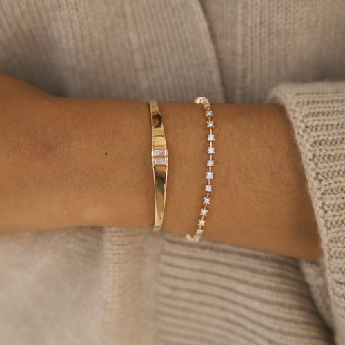 Rose Gold-2^Diamond Cuff Bracelets: Sadie Pearl Tapered Baguette Gold Cuff in Rose Gold