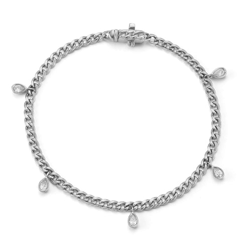White Gold-1^Diamond Station Bracelets: Taylor Elaine Bezel Pear Cuban Chain Station Bracelet in White Gold