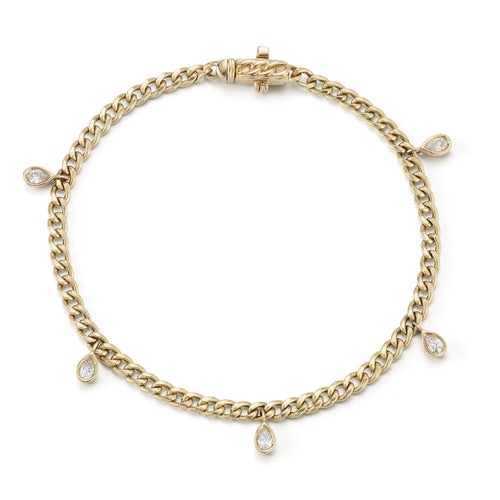Yellow Gold-1^Diamond Station Bracelets: Taylor Elaine Bezel Pear Cuban Chain Station Bracelet in Yellow Gold