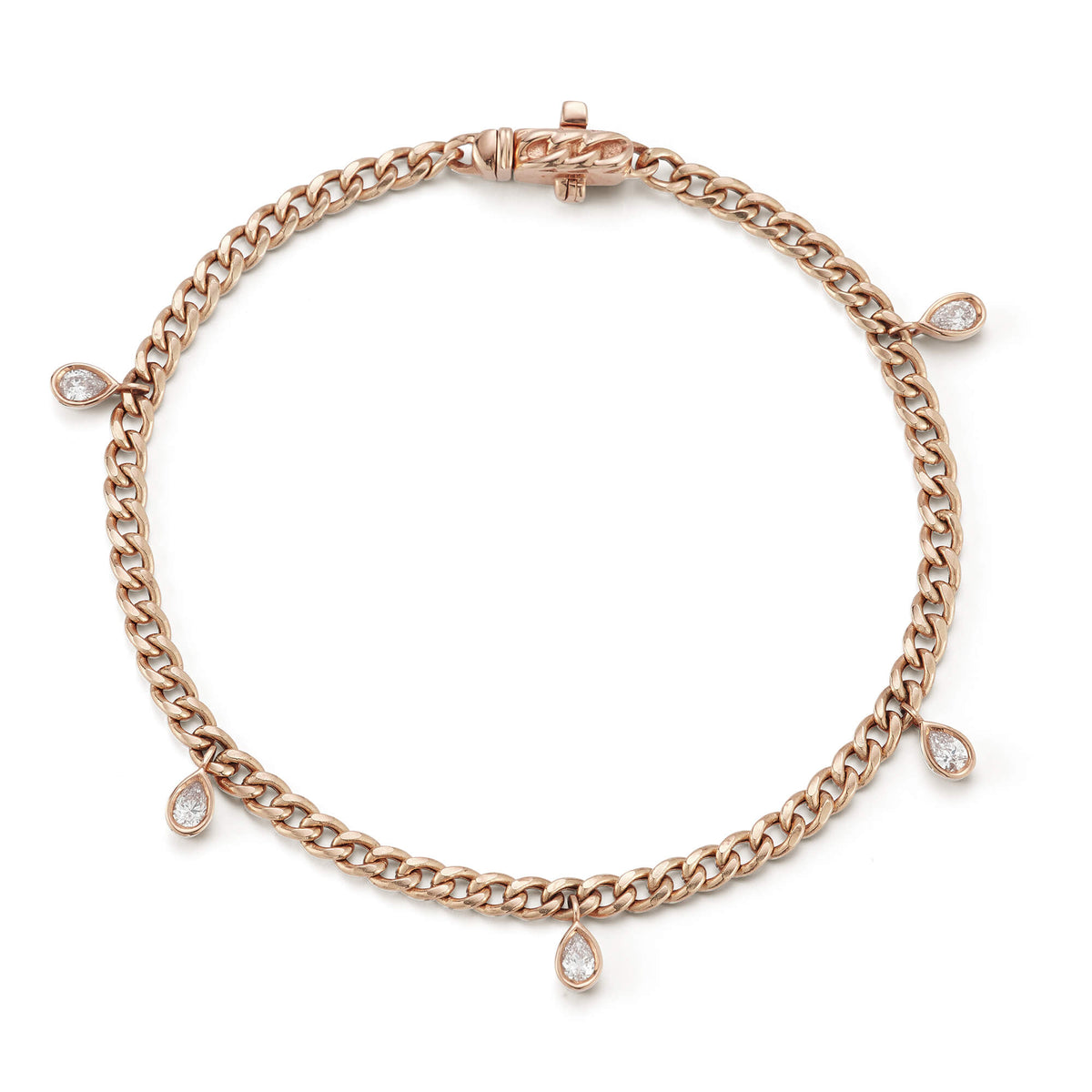 Rose Gold-1^Diamond Station Bracelets: Taylor Elaine Bezel Pear Cuban Chain Station Bracelet in Rose Gold