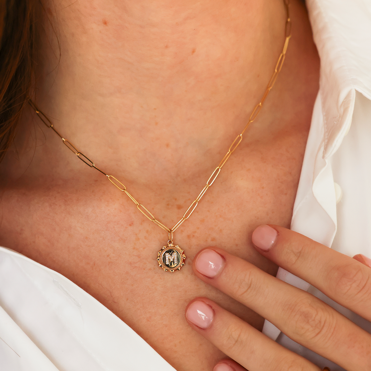 White Gold-3^Designer Diamond Necklaces: Reese Brooklyn Scalloped Initial Charm in White Gold