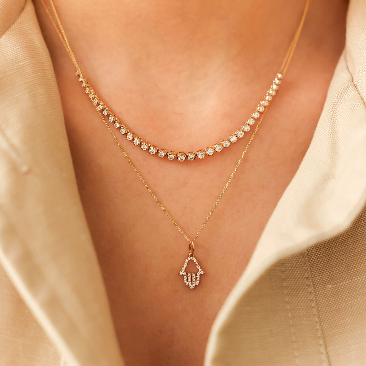 White Gold-3^Designer Diamond Necklaces: DRD Diamond Hamsa Charm in White Gold