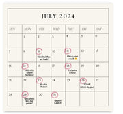 July 2024 calendar with promotion dates