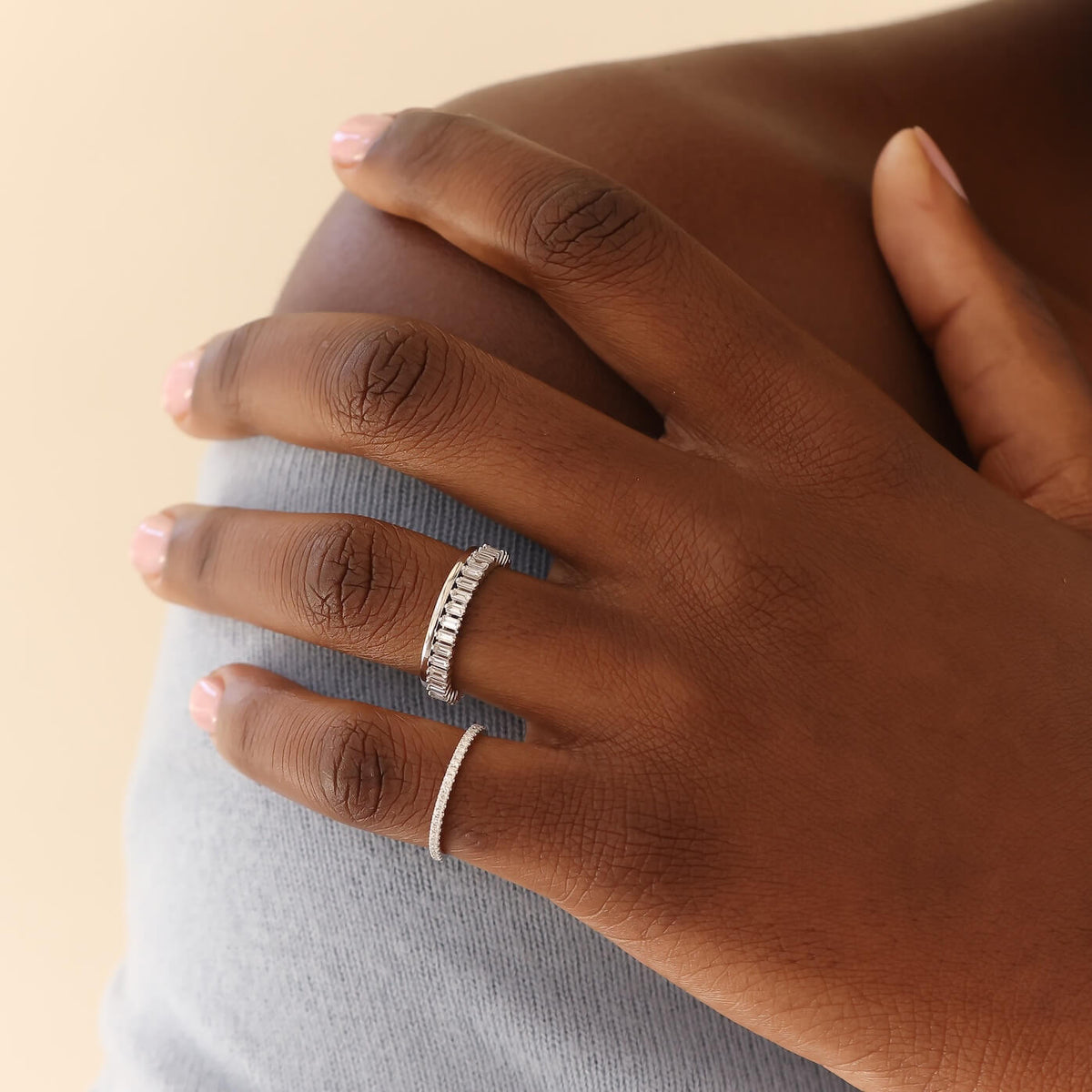 White Gold-2^Diamond Eternity Rings: Sadie Pearl Vertical Baguette Eternity Ring in White Gold