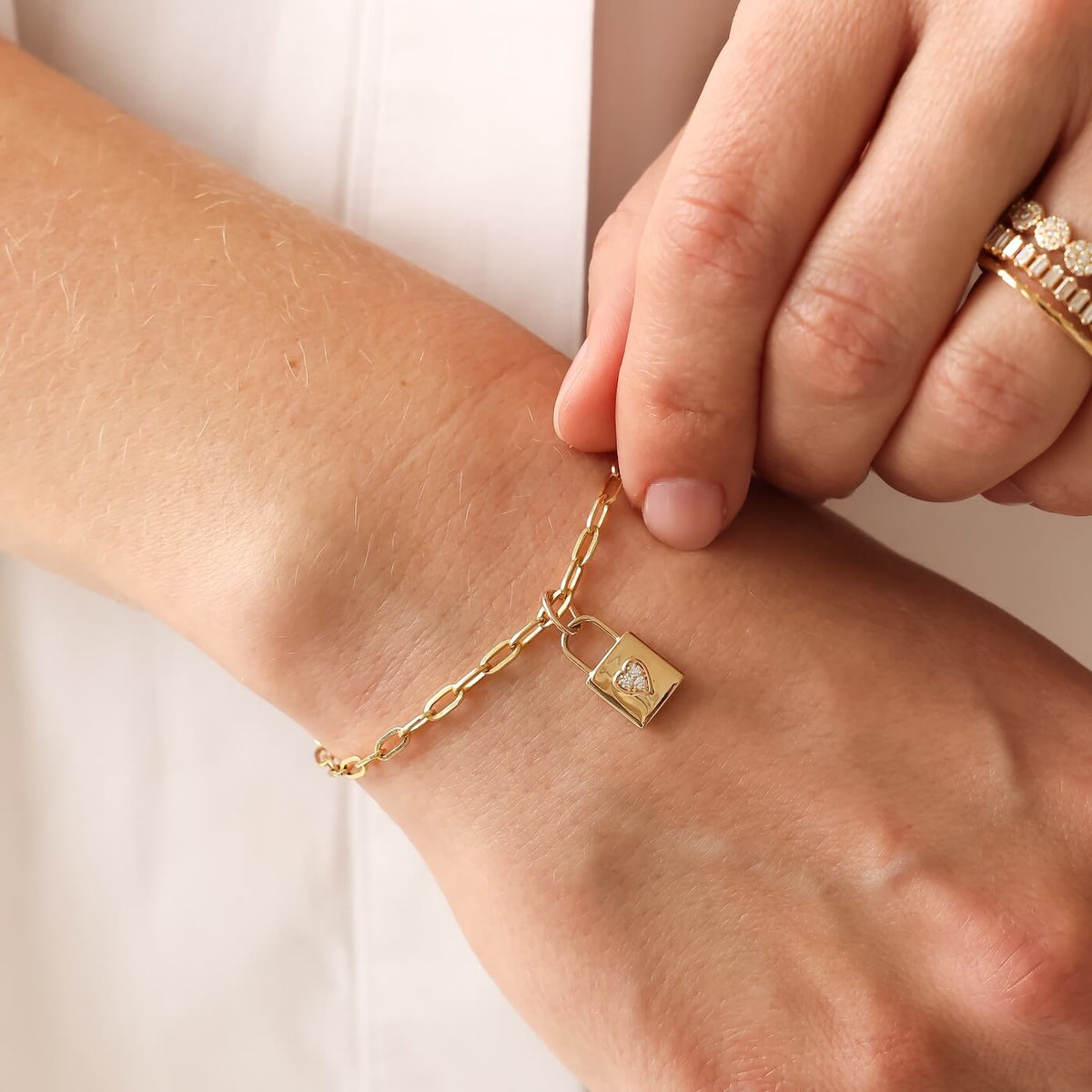 Yellow Gold-2^Designer Diamond Bracelets: DRD 19th Anniversary Lock Charm Paperclip Bracelet in Yellow Gold