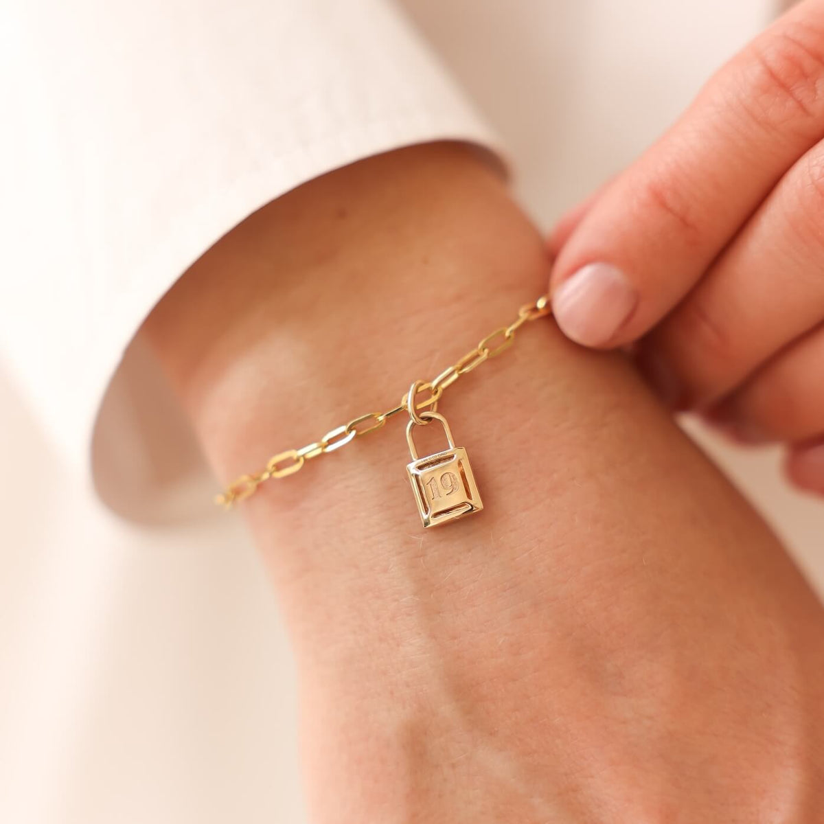 Yellow Gold-3^Designer Diamond Bracelets: DRD 19th Anniversary Lock Charm Paperclip Bracelet in Yellow Gold