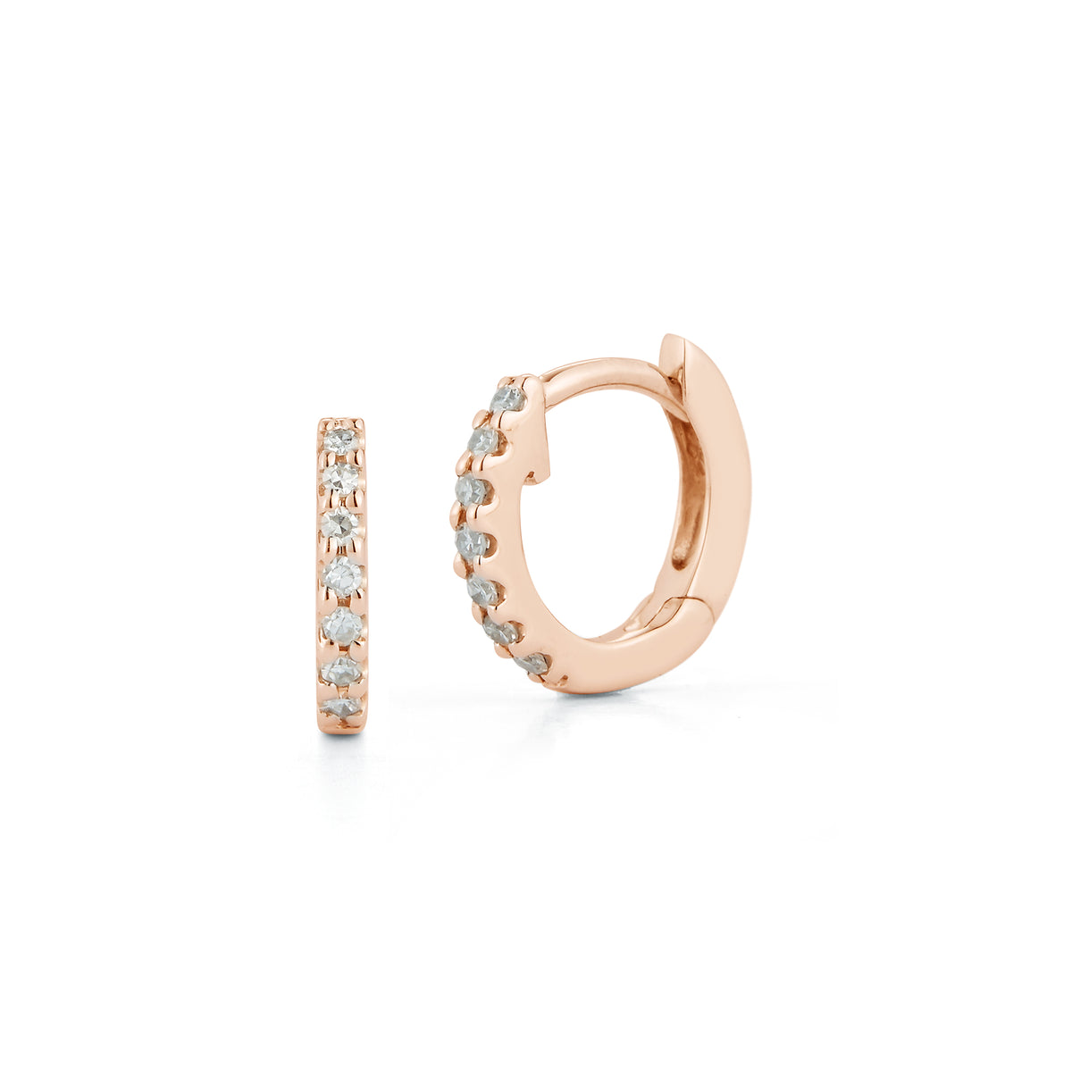 Rose Gold-1^Diamond Huggie Earrings: DRD Diamond Mini Huggies in 14K Rose Gold