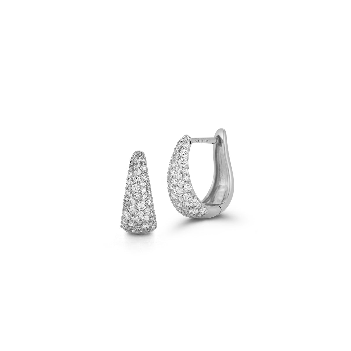 White Gold-1^Diamond Huggie Earrings: DRD Large Tapered Hoops In White Gold