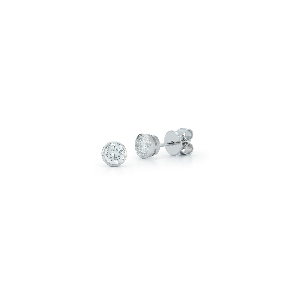 White Gold-4^Diamond Stud Earrings - DRD Diamond Solitaire Studs 0.60 Ct. Total Weight in White Gold. Bezel Setting