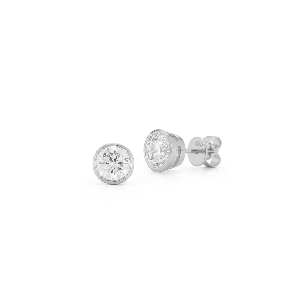 White Gold-4^Designer Stud Earrings: DRD Round Bezel Set Solitaire Studs 1.80 Ct. Total Weight in White Gold. Bezel Setting