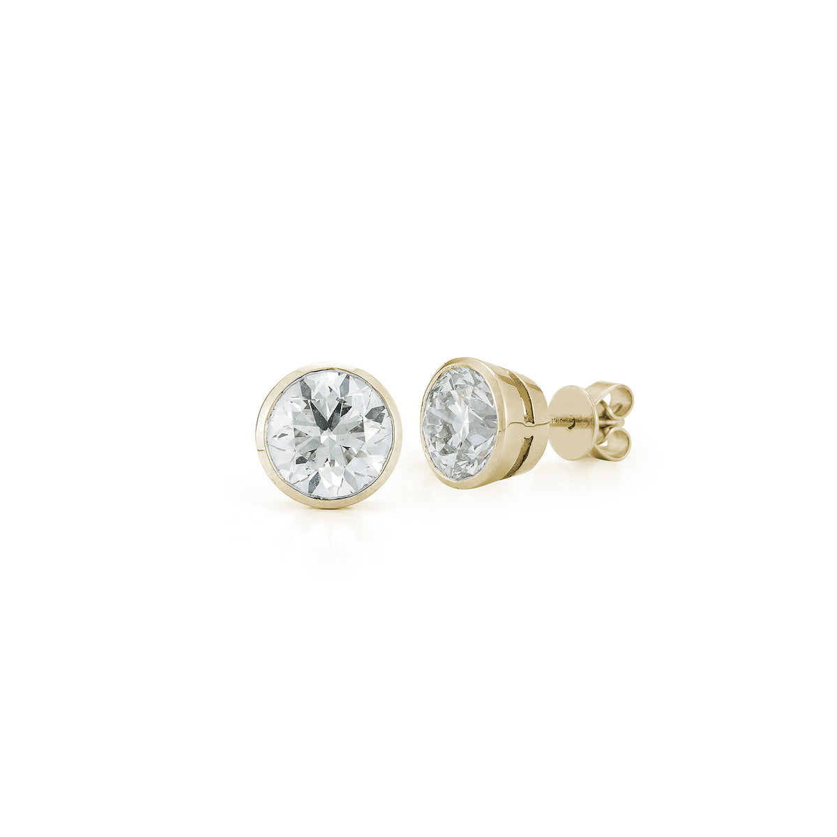 Yellow Gold-3^Diamond Stud Earrings - DRD Diamond Solitaire Studs 3.00 Ct. Total Weight in Yellow Gold. Bezel Setting