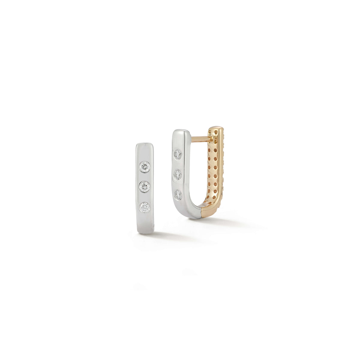 White Gold+Yellow Gold-2^Diamond Hoop Earrings: DRD Reversible U Hoops in White Gold+Yellow Gold
