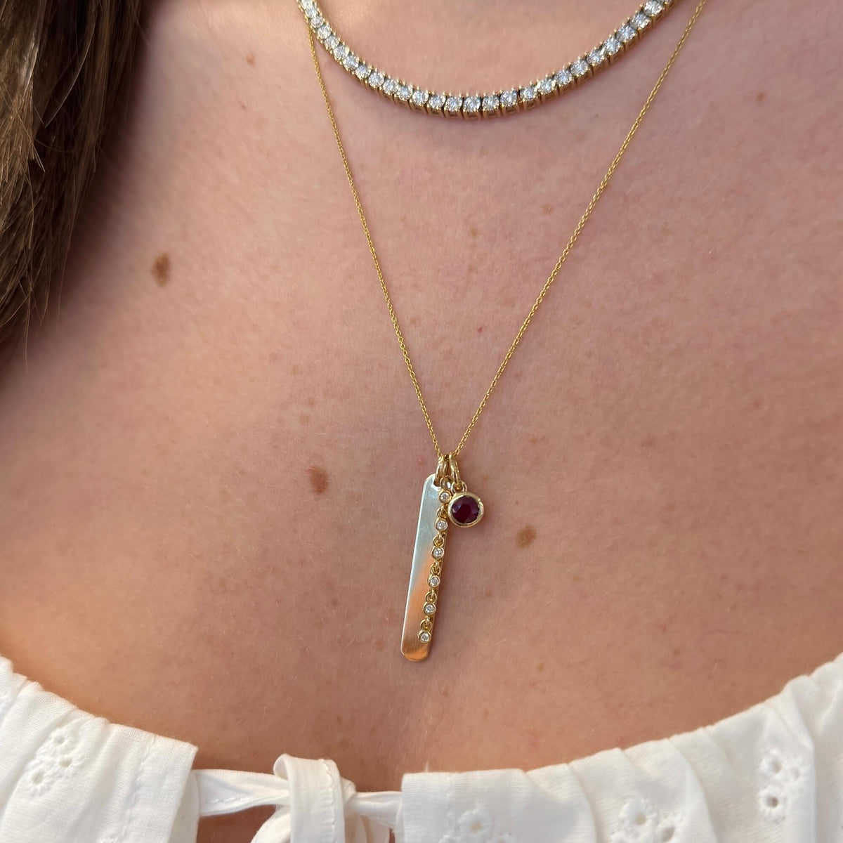 Yellow Gold-9^Diamond Bar Necklaces: Lulu Jack Vertical Bar and Diamond Bezel Link Necklace in Yellow Gold