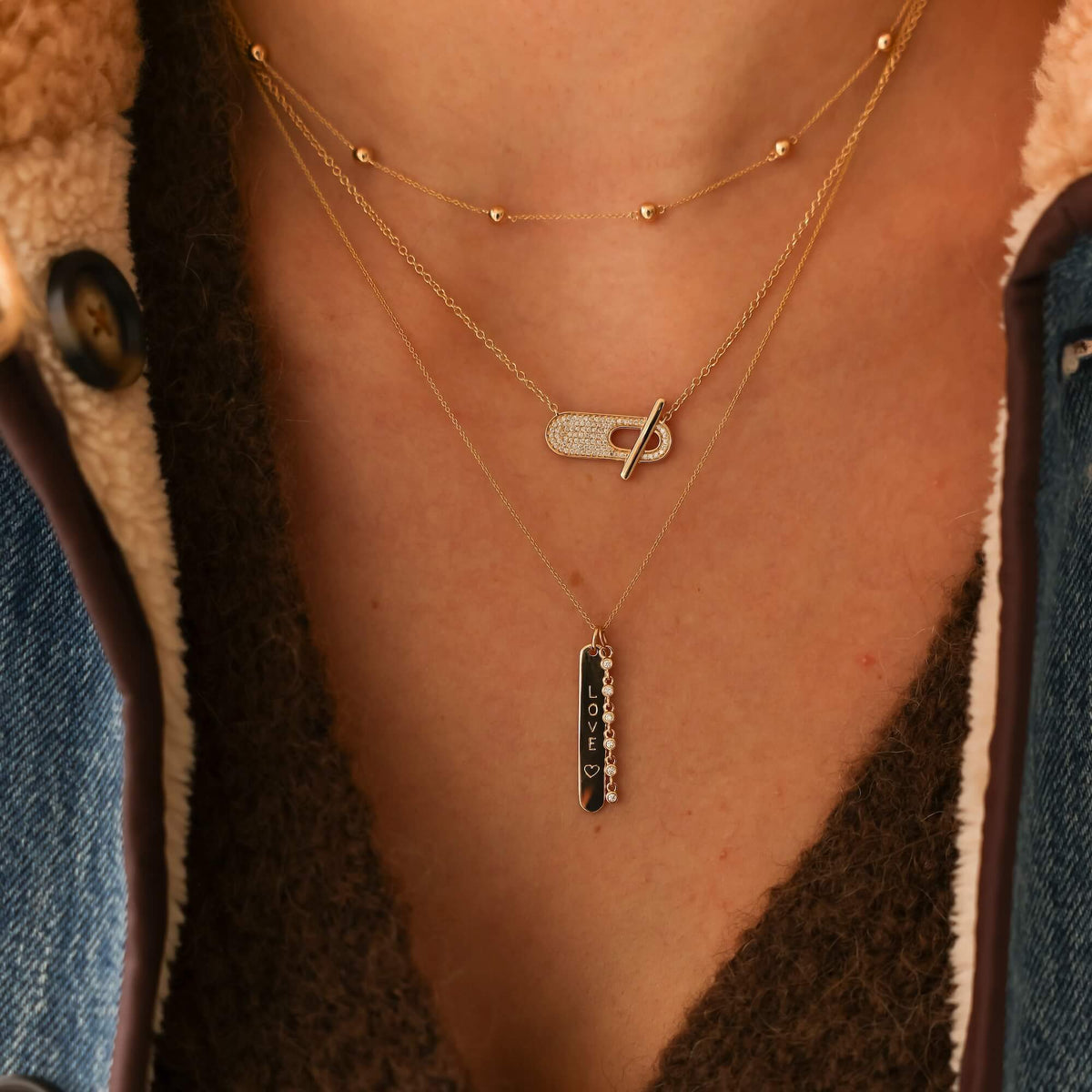 Yellow Gold-4^Designer Diamond Necklaces: Sylvie Rose Pavé Toggle Necklace in Yellow Gold