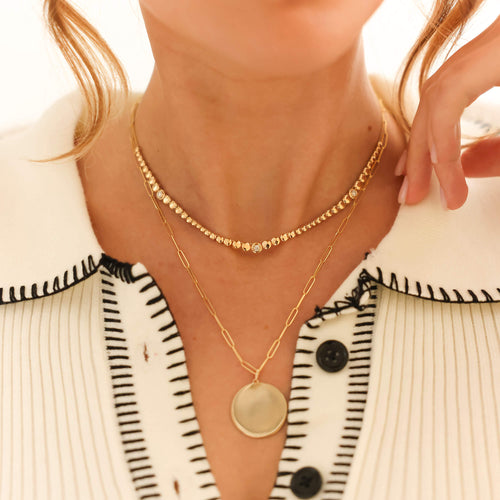 Yellow Gold-3^Designer Diamond Necklaces: Poppy Rae Graduating Pebble Disc Station Necklace in Yellow Gold