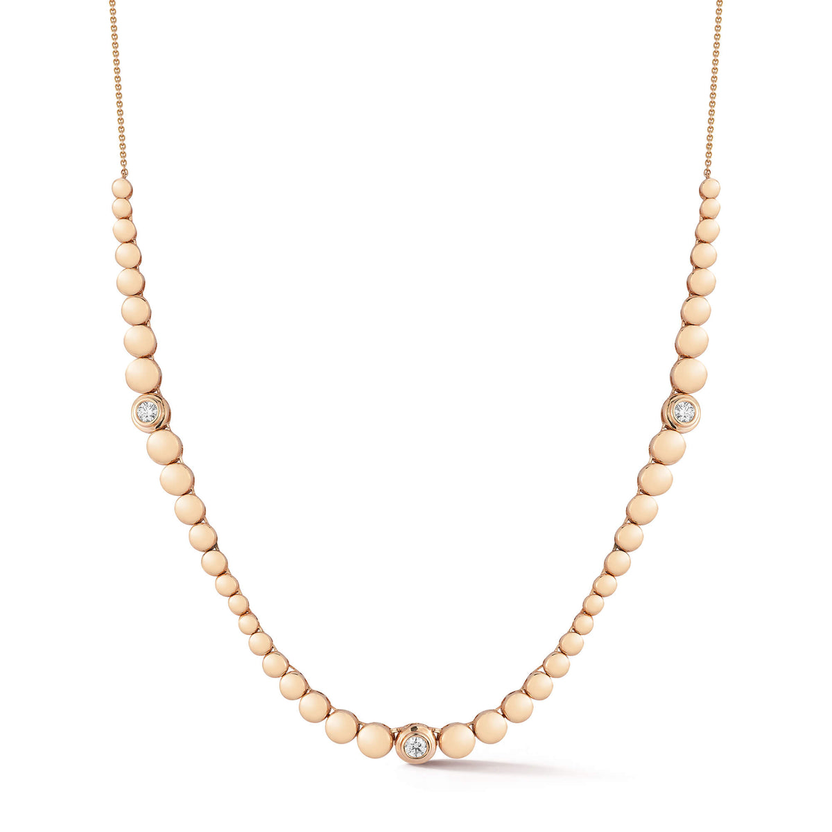 Rose Gold-1^Designer Diamond Necklaces: Poppy Rae Graduating Pebble Disc Station Necklace in Rose Gold