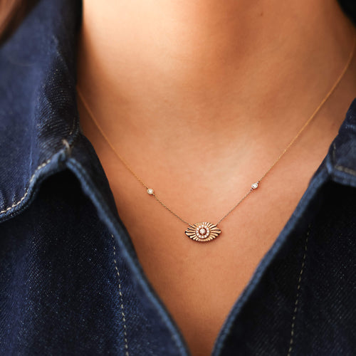 Rose Gold-2^Diamond Pendant Necklaces: Teddi Paige Bezel Evil Eye Necklace in Rose Gold
