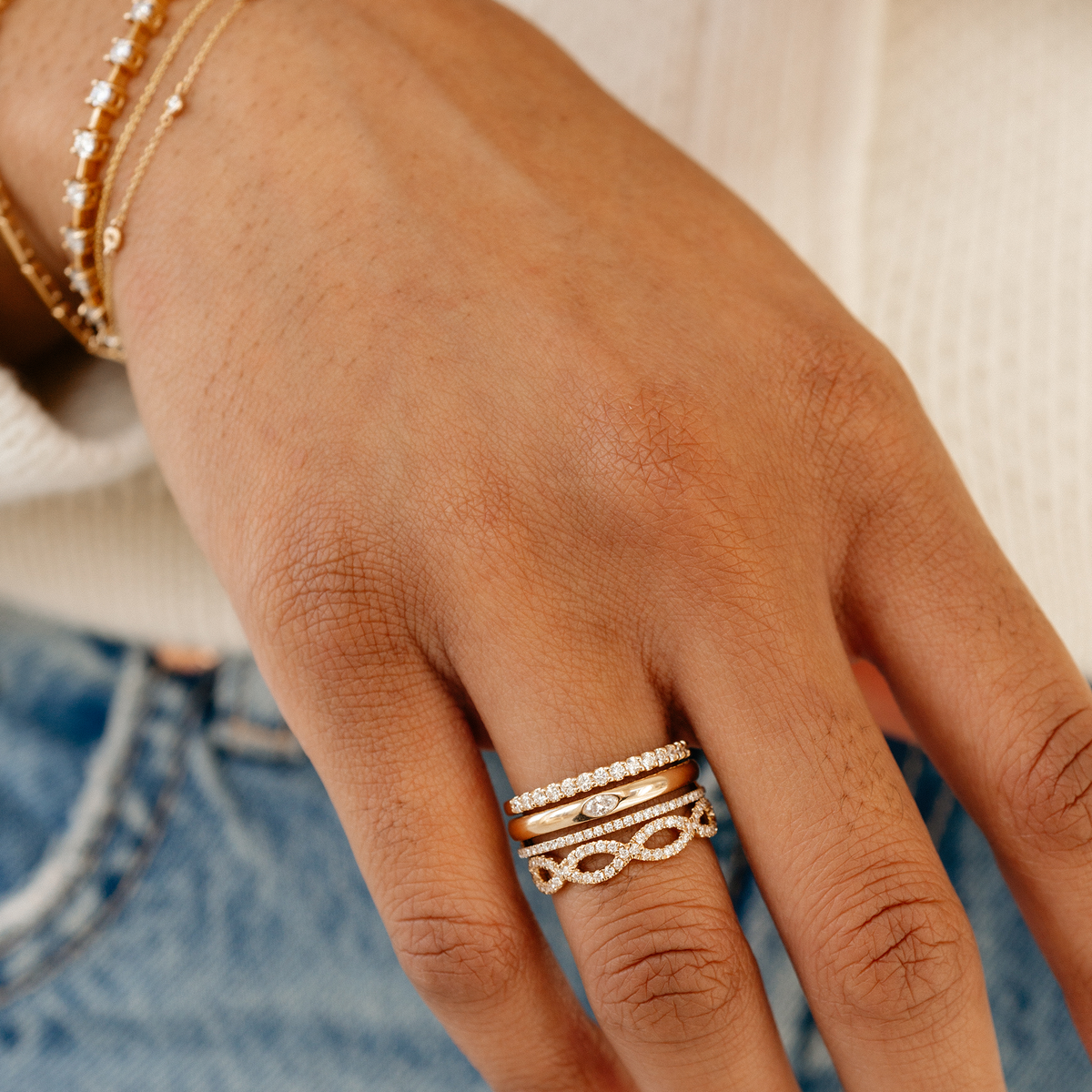 White Gold-2^Diamond Stacking Rings: Alexa Jordyn Marquise Inlay Double Row Ring in White Gold