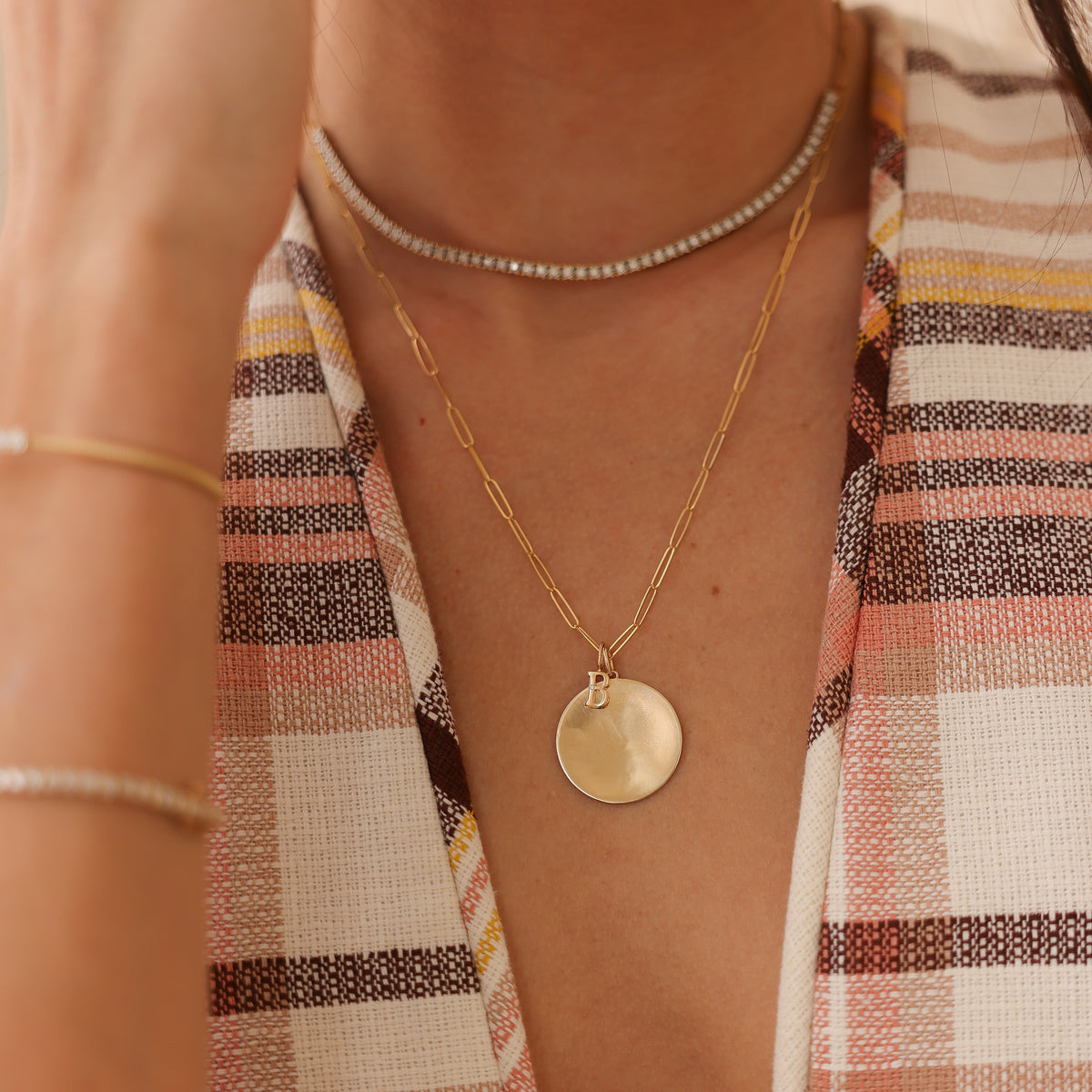 Yellow Gold-4^Designer Gold Necklaces: DRD Paperclip Disc Charm Necklace in Yellow Gold