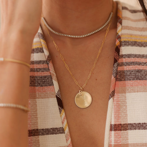 Yellow Gold-4^Designer Gold Necklaces: DRD Paperclip Disc Charm Necklace in Yellow Gold