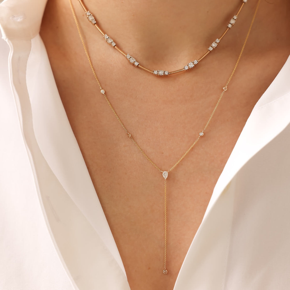Yellow Gold-2^Designer Diamond Necklaces: Taylor Elaine Bezel and Pear Diamond Lariat Necklace in Yellow Gold