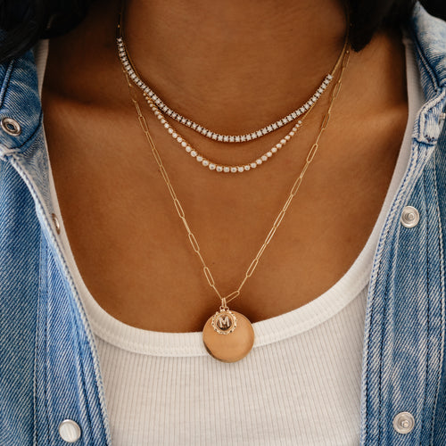 Yellow Gold-7^Designer Gold Necklaces: DRD Paperclip Disc Charm Necklace in Yellow Gold