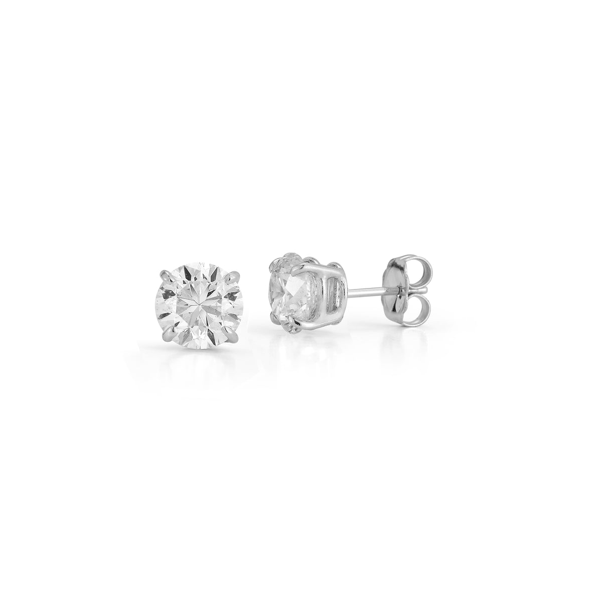 White Gold-1^Diamond Stud Earrings - DRD Diamond Solitaire Studs 3.00 Ct. Total Weight in White Gold. Four Prong Setting