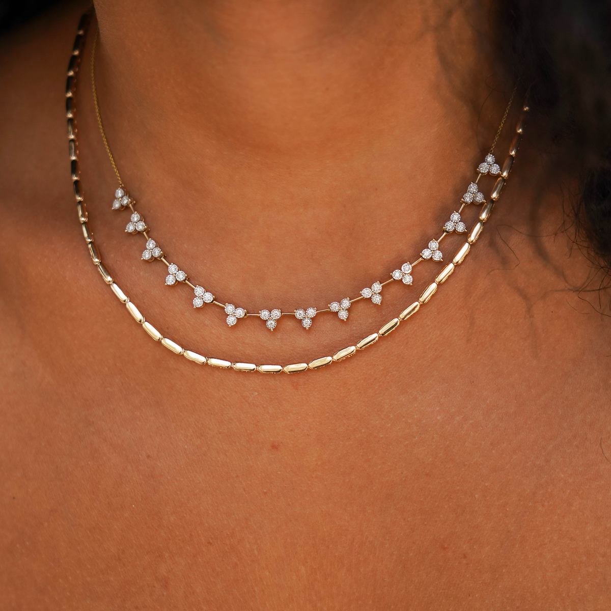 Yellow Gold^5-Diamond Tennis Necklaces: Ava Bea Interval Trio Tennis Necklace in Yellow Gold