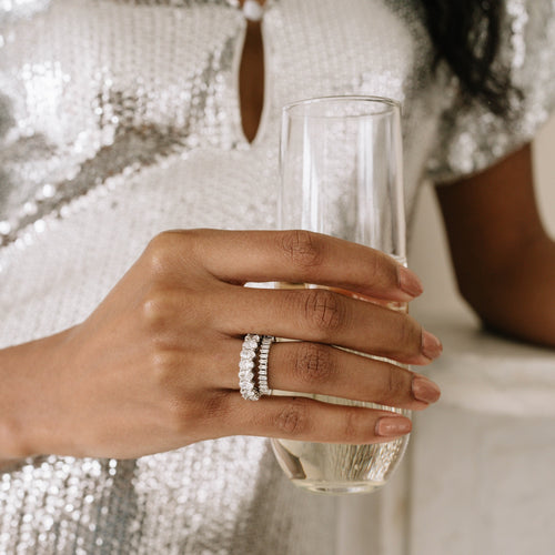 White Gold-6^Diamond Eternity Rings: Sadie Pearl Vertical Baguette Eternity Ring in White Gold