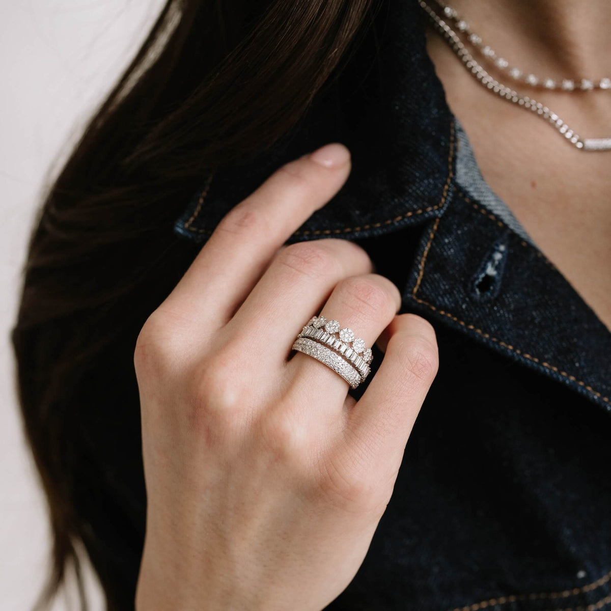 White Gold-2^Diamond Eternity Rings: Sadie Pearl Vertical Baguette Eternity Ring in White Gold