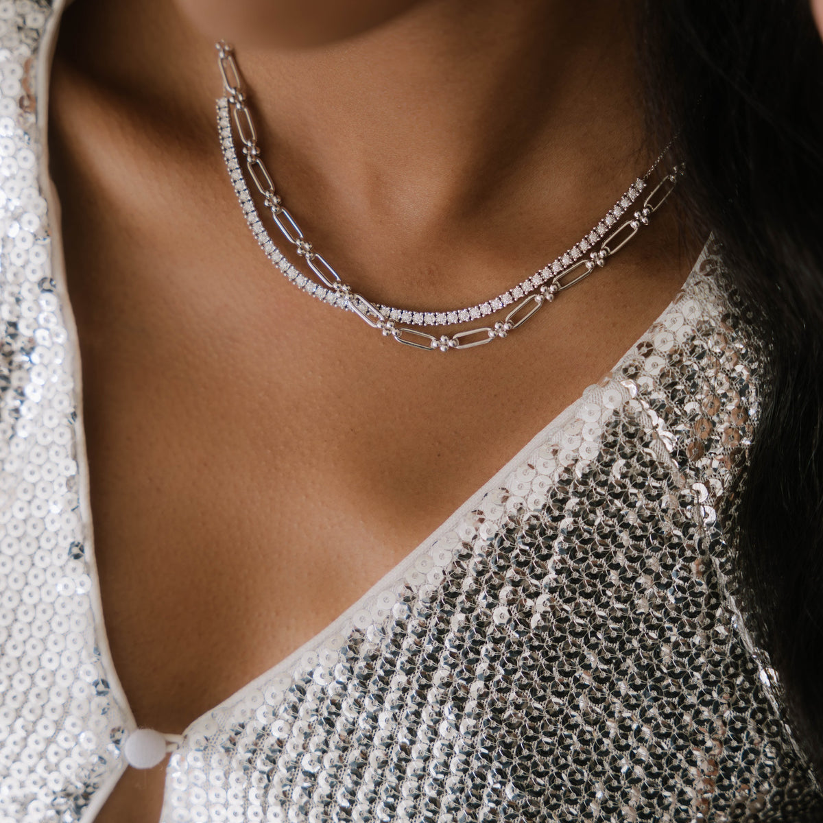 White Gold-2^Diamond Station Necklaces: Poppy Rae Link Station Necklace in White Gold