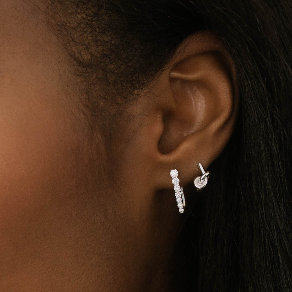 White Gold-3^Huggie Earrings: Nana Bernice Knot Huggies in White Gold