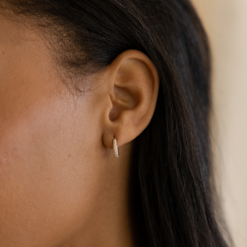 Yellow Gold-3^Diamond Huggie Earrings: DRD Tapered Huggies In Yellow Gold