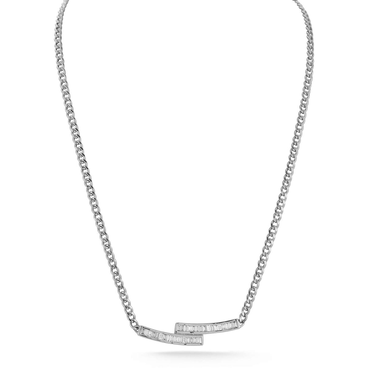 White Gold-1^Diamond Bar Necklaces: Sadie Pearl Bybass Cuban Chain Bar Necklace in White Gold