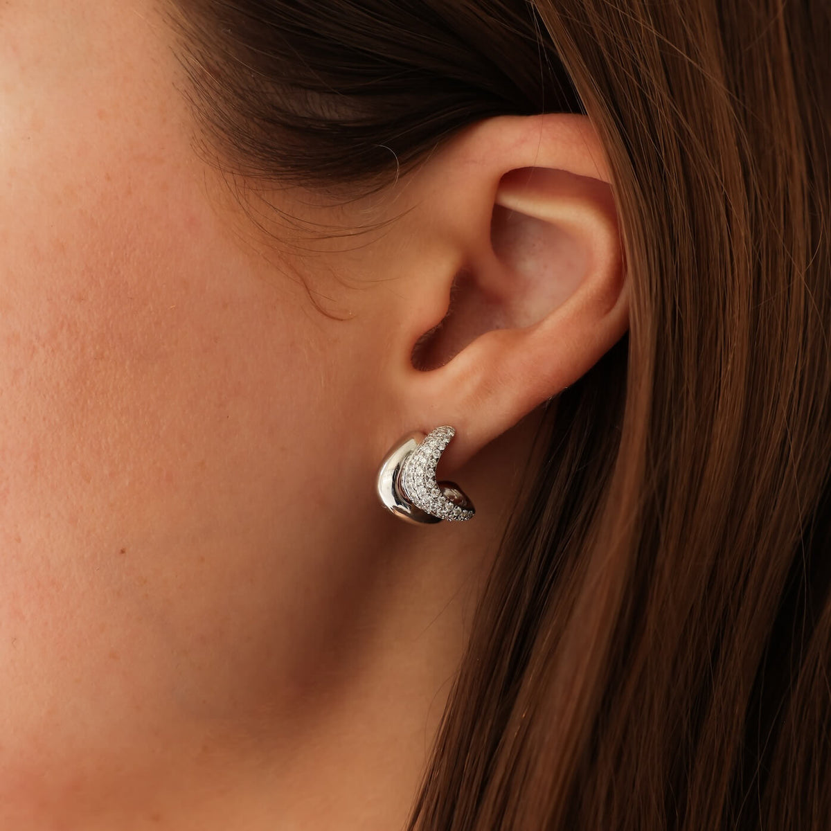 White Gold-2^Diamond Huggie Earrings: Cynthia Rose Curved Diamond Huggies In White Gold