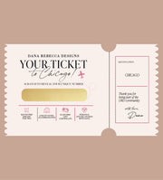 Design ticket-like voucher for Dana Rebecca Designs with text and graphics on a beige background
