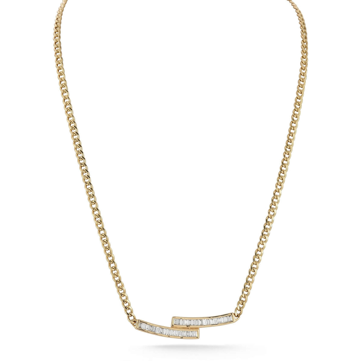 Yellow Gold-1^Diamond Bar Necklaces: Sadie Pearl Bybass Cuban Chain Bar Necklace in Yellow Gold