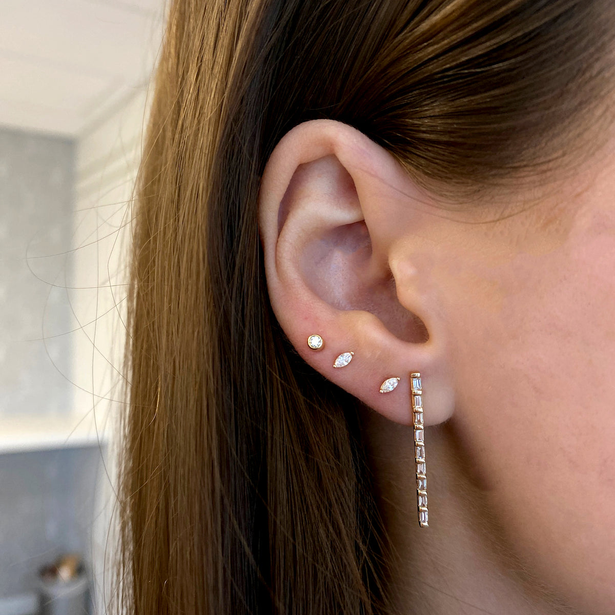 Rose Gold-2^Diamond Drop Earrings: Sadie Pearl Baguette Vertical Bar Drop Earrings in Rose Gold