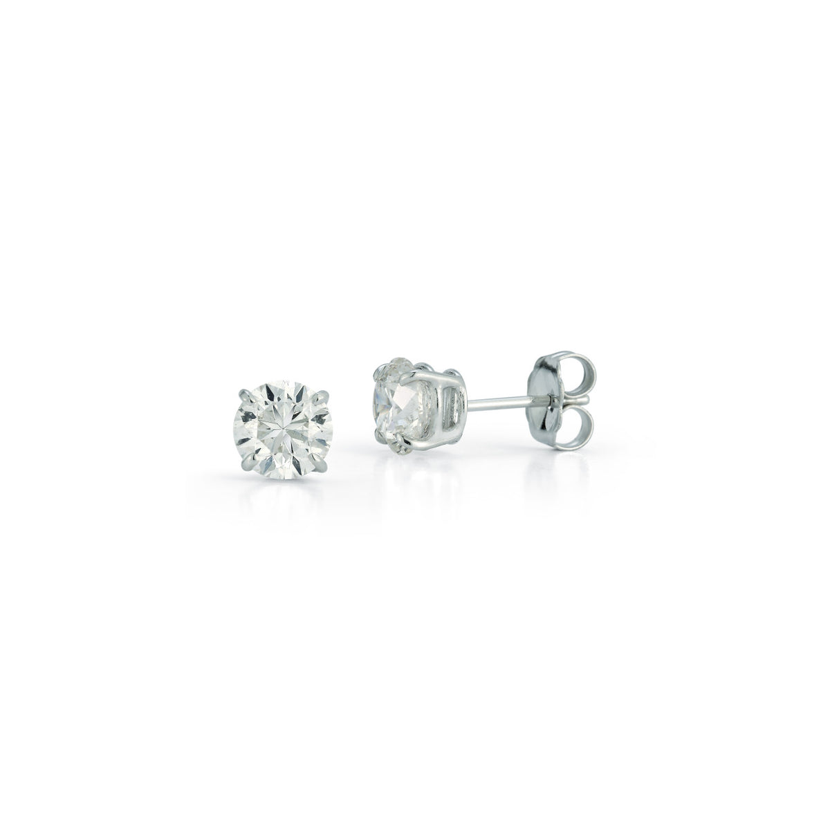 White Gold-1^Diamond Stud Earrings - DRD Diamond Solitaire Studs 2.00 Ct. Total Weight in White Gold. Four Prong Setting