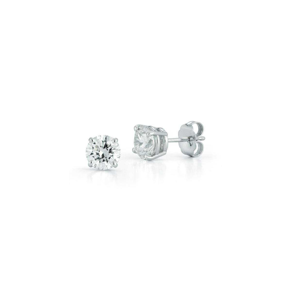 White Gold-1^Designer Diamond Studs: DRD Diamond Solitaire Studs 1.80 Ct. Total Weight in White Gold. Four Prong Setting