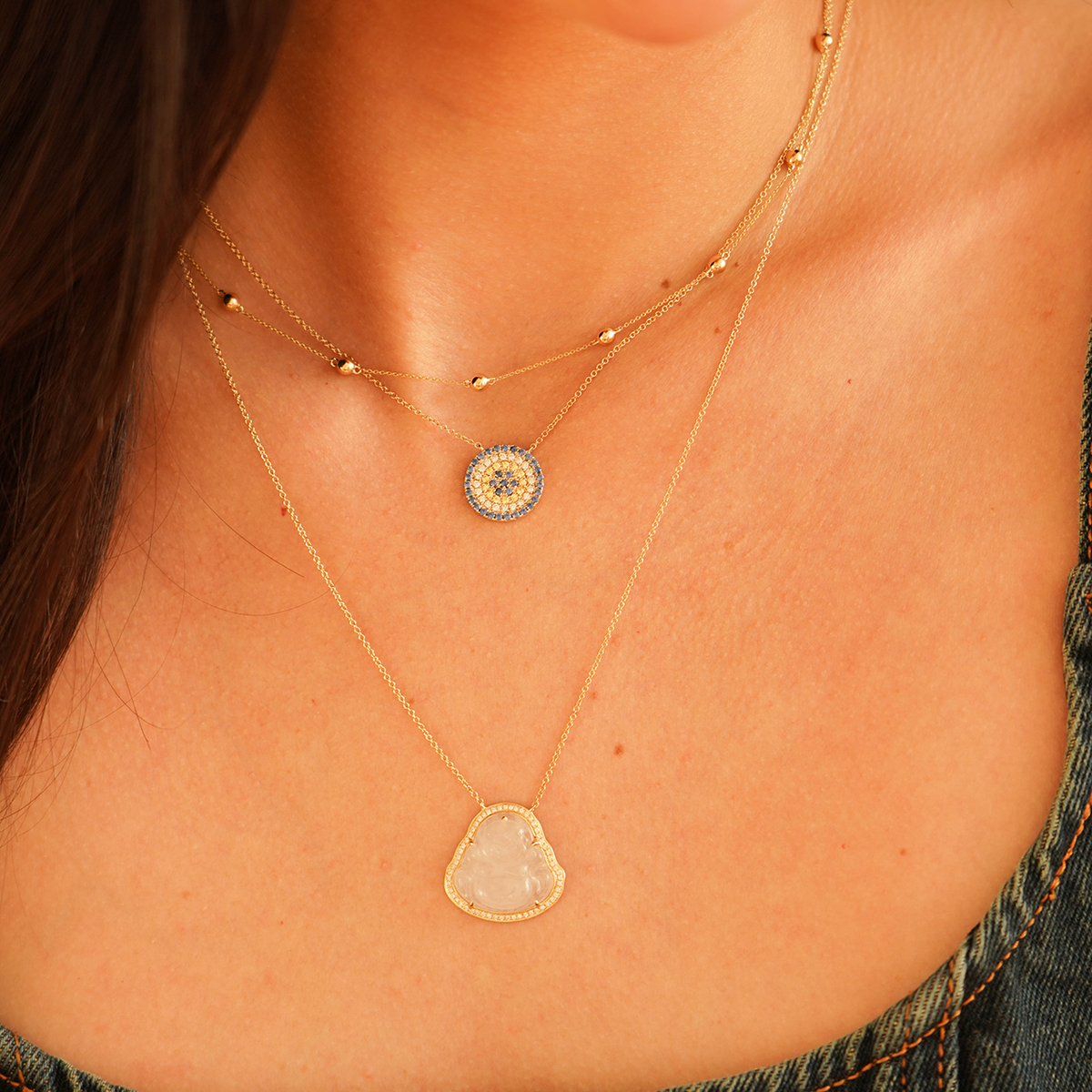 Yellow Gold-7^Diamond Station Necklaces: Poppy Rae Pebble Station Necklace in Yellow Gold