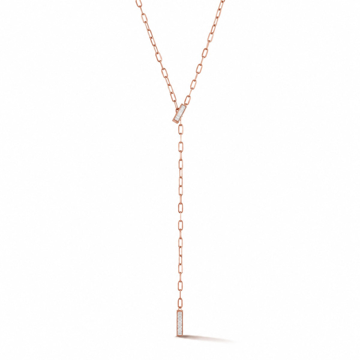 Rose Gold-1^Designer Diamond Necklaces: Sadie Pearl Baguette Paperclip Lariat Necklace in Rose Gold