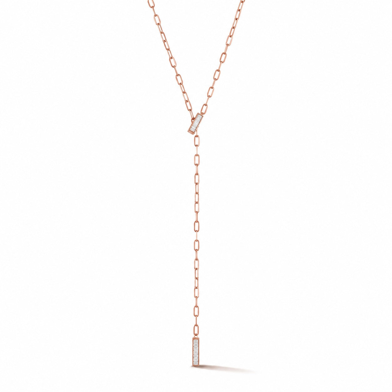 Rose Gold-1^Designer Diamond Necklaces: Sadie Pearl Baguette Paperclip Lariat Necklace in Rose Gold