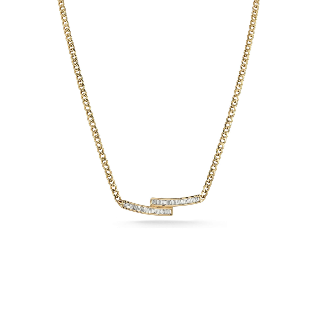 Yellow Gold-1^Diamond Bar Necklaces: Sadie Pearl Bybass Cuban Chain Bar Necklace in Yellow Gold