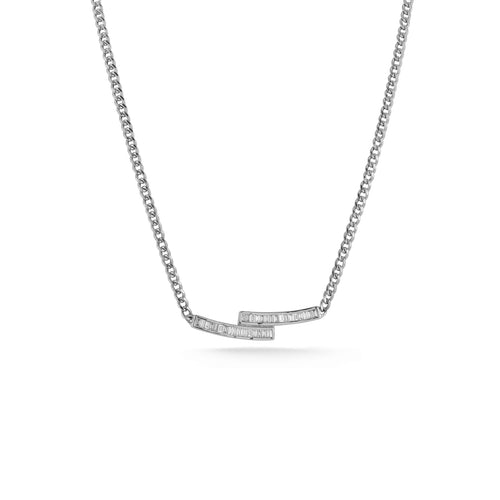 White Gold-1^Diamond Bar Necklaces: Sadie Pearl Bybass Cuban Chain Bar Necklace in White Gold