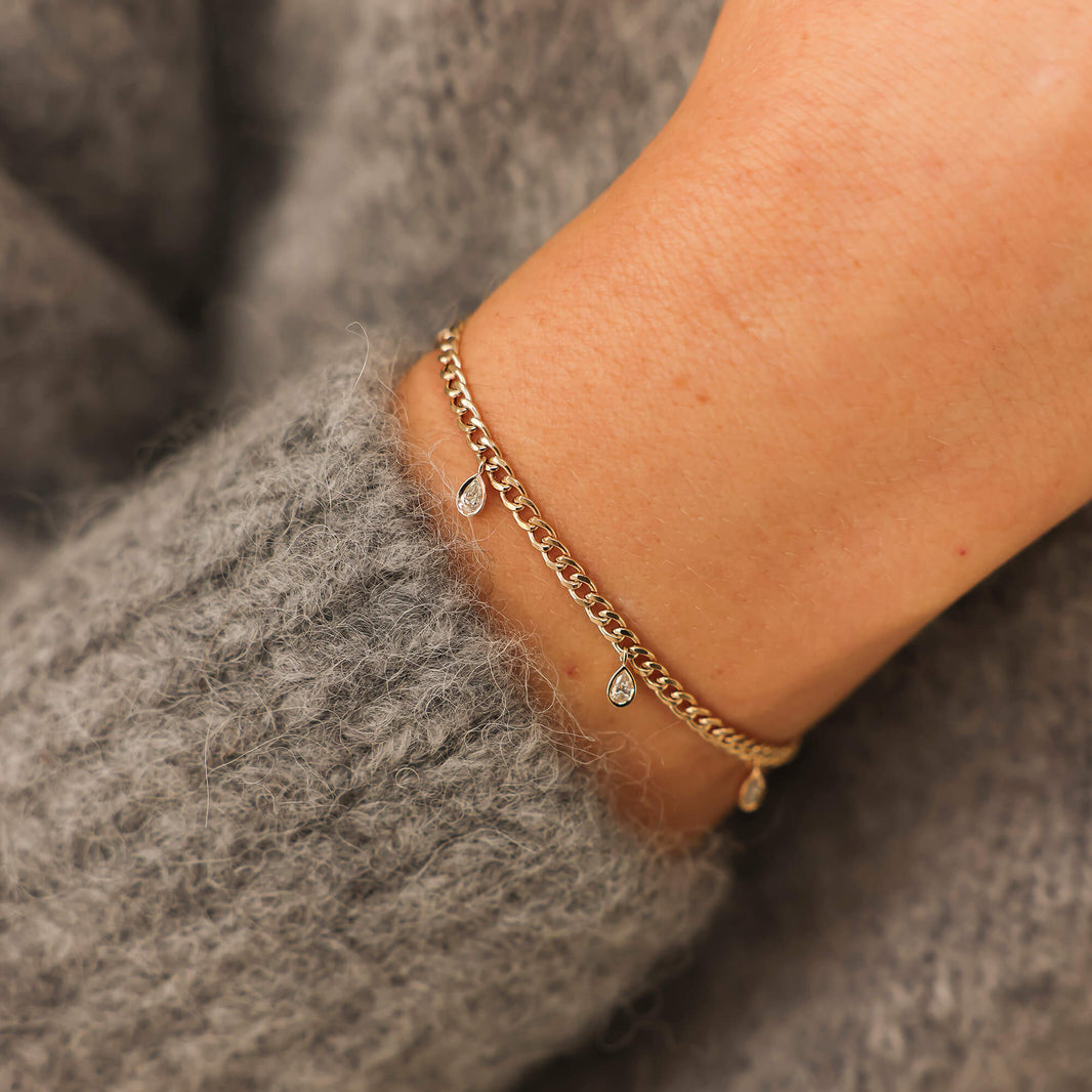 Yellow Gold-2^Diamond Station Bracelets: Taylor Elaine Bezel Pear Cuban Chain Station Bracelet in Yellow Gold