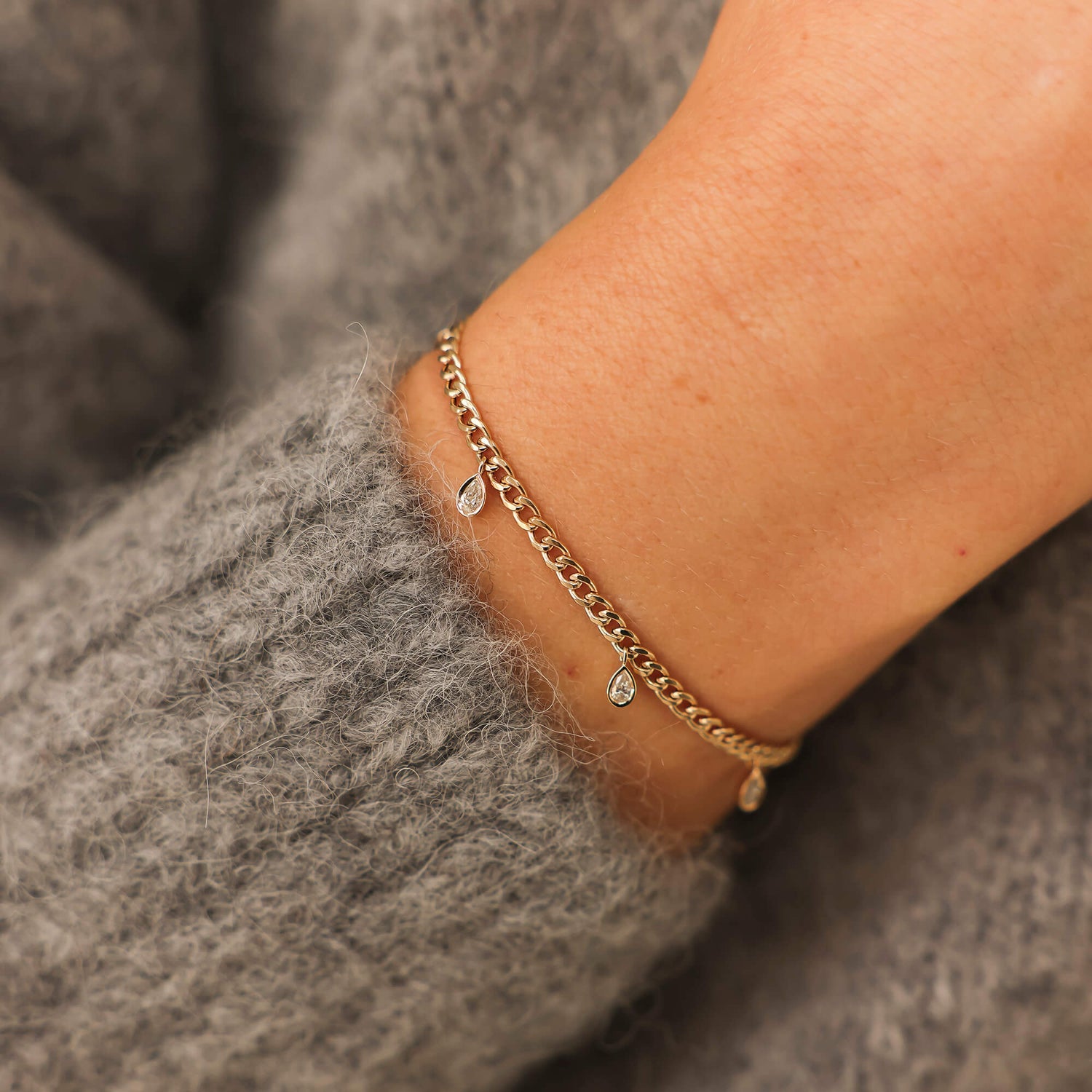 White Gold-2^Diamond Station Bracelets: Taylor Elaine Bezel Pear Cuban Chain Station Bracelet in White Gold