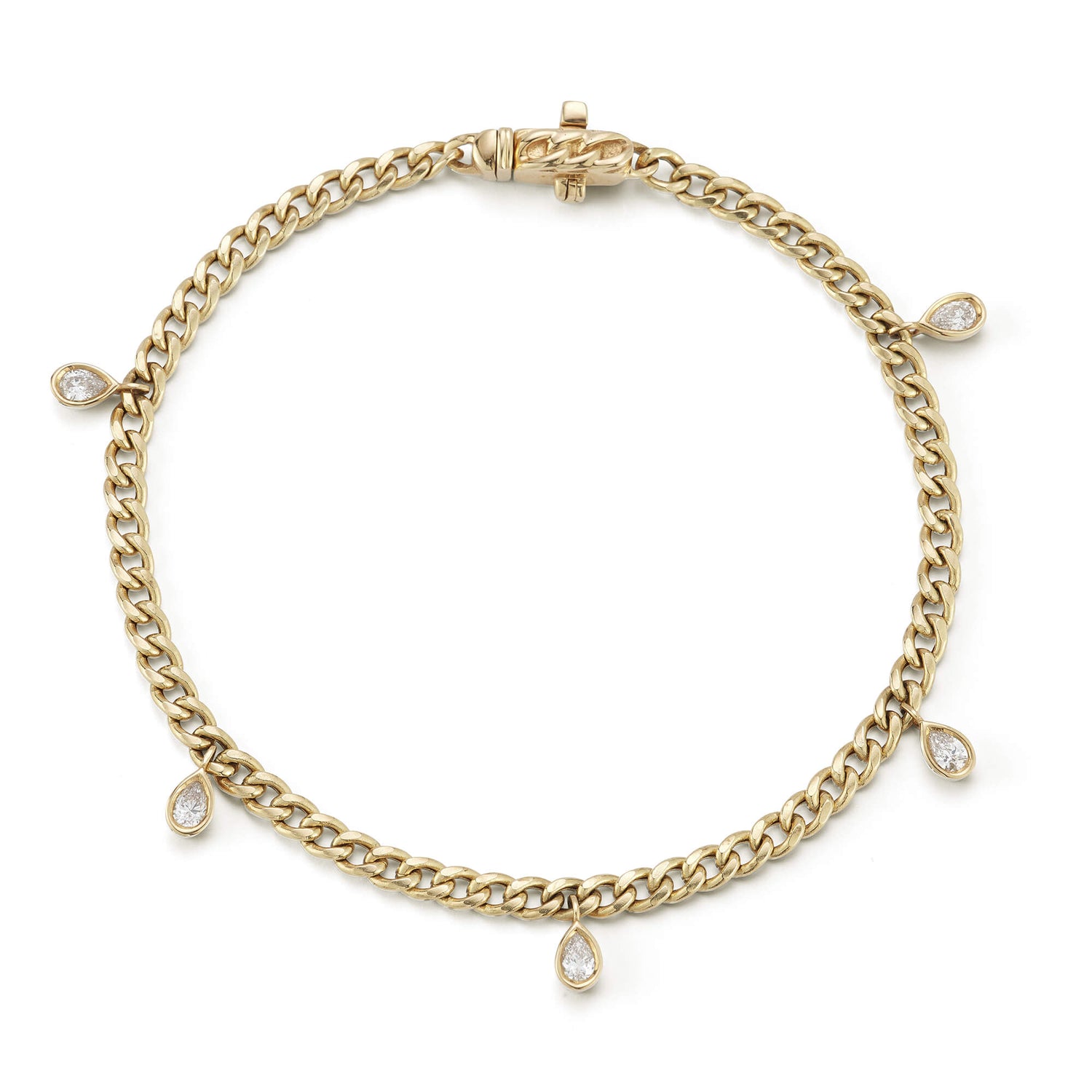 Yellow Gold-1^Diamond Station Bracelets: Taylor Elaine Bezel Pear Cuban Chain Station Bracelet in Yellow Gold