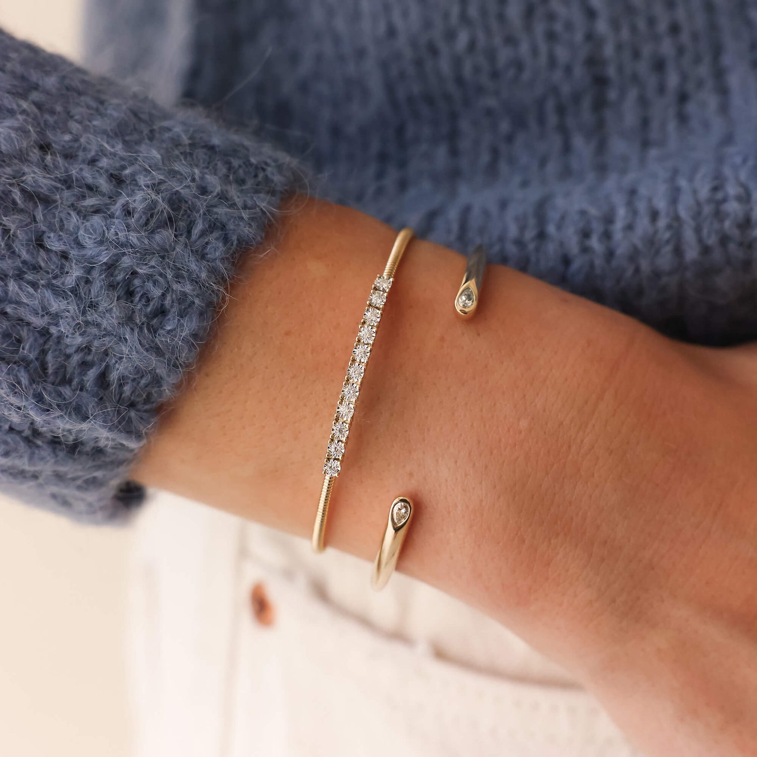 Yellow Gold-2^Diamond Cuff Bracelets: Taylor Elaine Pear Tube Cuff in Yellow Gold