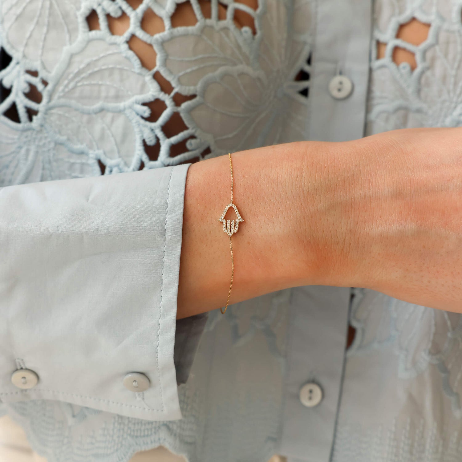 White Gold-2^Diamond Station Bracelets: DRD Diamond Hamsa Bracelet in White Gold